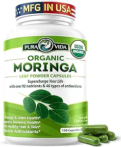 PURA VIDA MORINGA Capsules Single Origin Moringa Powder Organic. Pure Moringa Leaf. Energy, Metabolism, & Immune Support. 120ct. 500mg Caps.