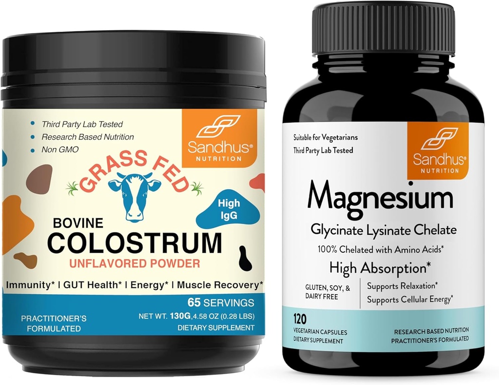 Sandhu'nun Bovine Colostrum Toz & Magnezyum Glycinate Lysinate Capsules | Yardımlar Gut, Immune Heath & Sleep Support
