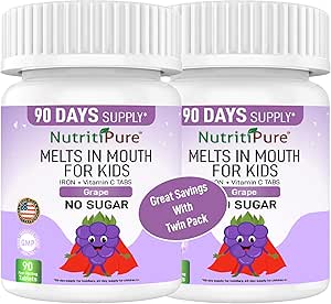 Çocuklar Chewable Iron Supplement, Ferronyl® Carbonyl Iron 9 mg, C 30 mg, Grape Flavor, 90 Tablet (2 Şişe)