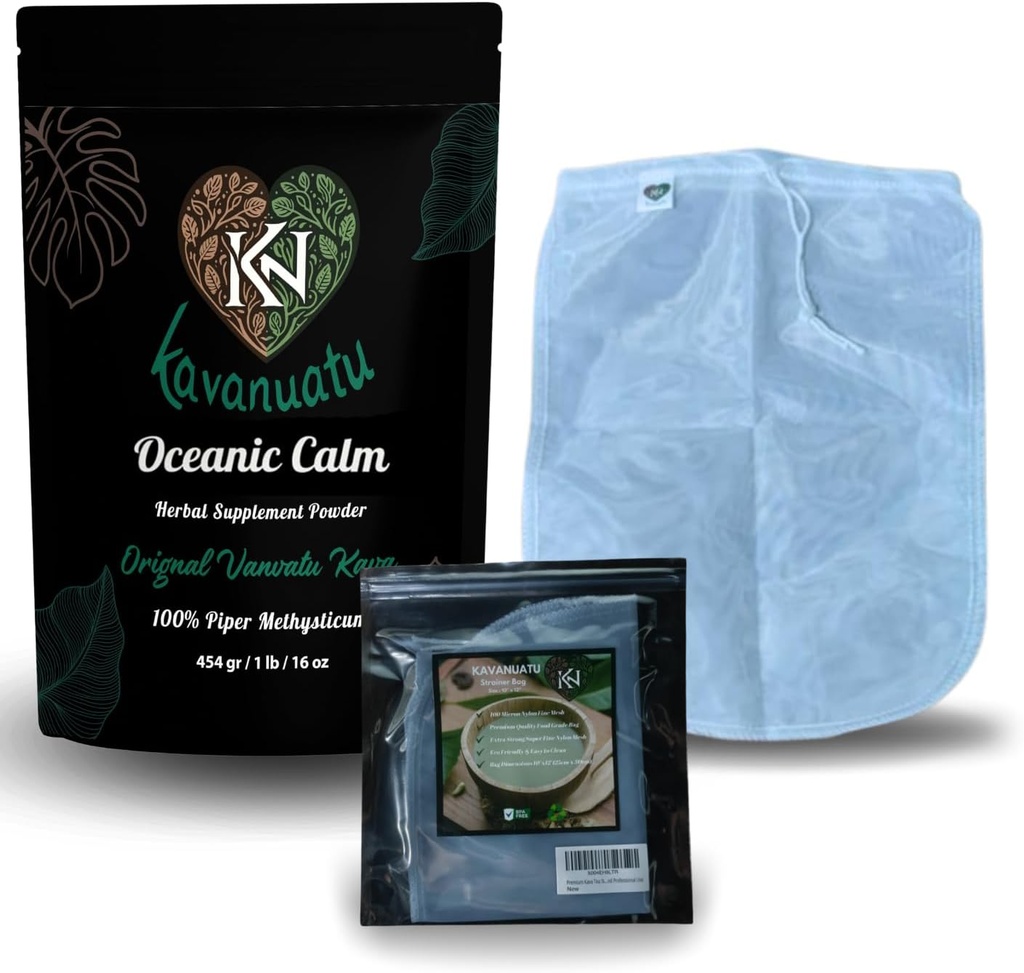 Kava Toz ve Strainer Sche | Premium Vanuatu Kava Root Toz (16oz) Calmness & Relaxation için 100 Micron Fine Me Strainer Bag ile Diriliş