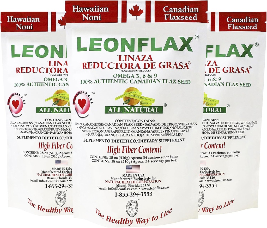 Leonflax, 100% Authentic Canadian Flax Seed, All-Natural, High Fiber Content, Dietary Supplement to Improve Your Digestive Health, 18 Oz, Bag, Natural Health Corporation (Pack of 3)