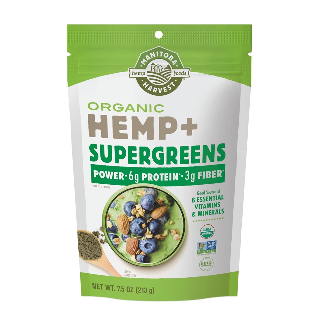 Μανιτόμπα Συγκομιδή Βιολογική κάνναβη & Supergreens σκόνη, 7,5 oz, Πράσινο Superfood σκόνη με 6g πρωτεΐνης, 3g Fiber ανά υπηρεσία, Vegan, Μη-GMO έργο Επαληθευμένο, Συσκευασία Μαΐου Vary