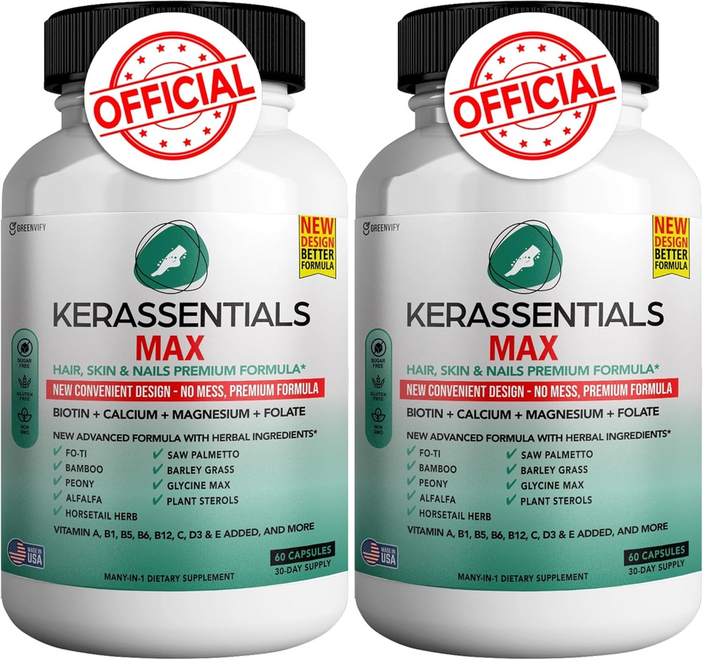 Kerassentials Max - Saç, Skin & Nails Support Supplement | Biotin, Kalsiyum, Magnezyum, Folate & Herbal Mix | Premium Formula | 120 Capsules, Vegan & Gluten-Free Free
