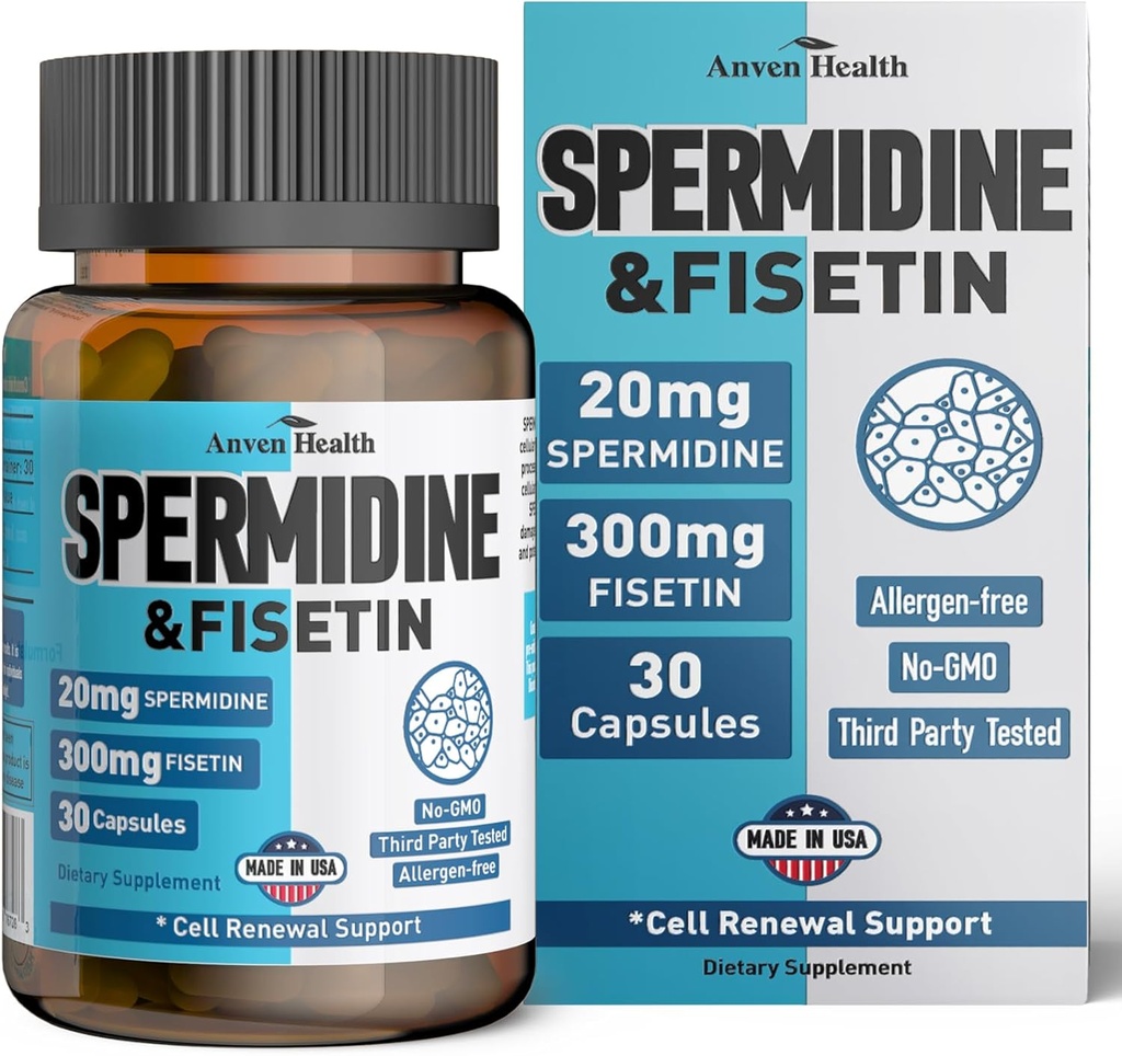 Συμπλήρωμα Spermidine & Fisetin - 20mg 99% Spermidine Per Serving, 3HCL & 300mg Fisetin για γυναίκες Ανδρική Κυτταρική Ανανέωση, Γήρανση Άμυνα & Μακροζωία, Χωρίς Γλουτένη, Μη ΓΤΟ, Κατασκευασμένο στις ΗΠΑ 