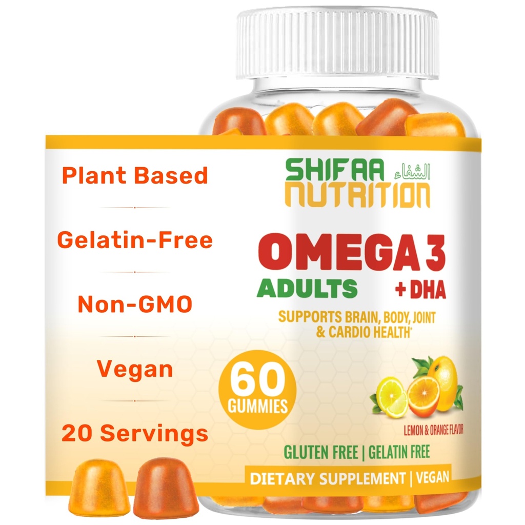 SHIFAA NUTRITION Vegan Omega 3 Gummies for Yetişkinler | No Fish Oil Burps | 60 Gummies | Plant Based w/Chia Oil, Algae | Omega 3 6 9 w/DHA, C vitamini | Bey, Cardiovascular & Immune Support Halal