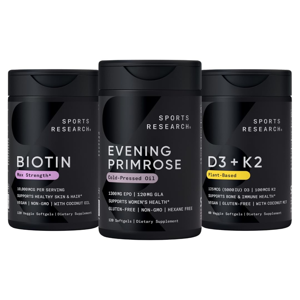 Spor Araştırma Vegan Biotin 10.00063 with Coconut Oil, Evening Primrose Supplement from Cold Pressed Oil and Plant Based Vitamin K2 MK7 + Vegan D3 5000iuu
