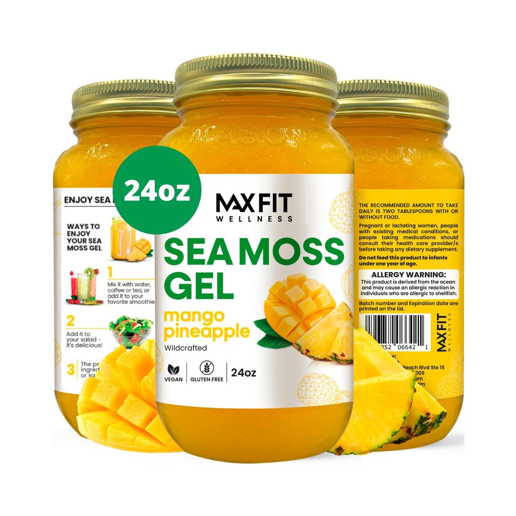 MAX Gel Raw (12 Flavors) 24oz Vahşi Garantili Gold Sea Moss Gel Saint Lucia | 92 Vitamin ve Minerals | Pure Raw+Non-GMO | Vegan Superfood