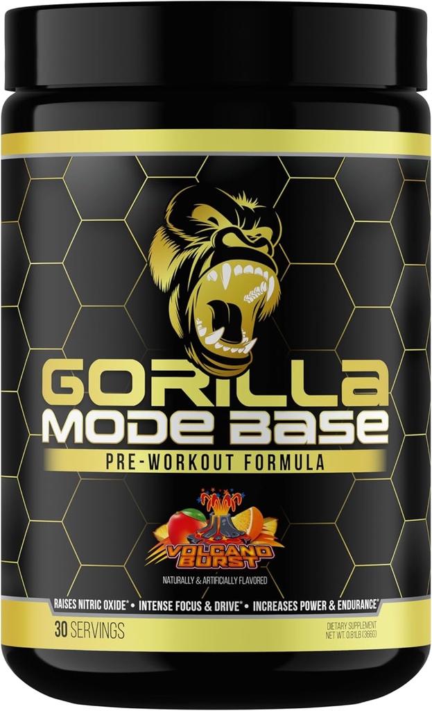 Gorilla Mind Base Pre Workout - Nitrik Oksit Intense Focus & Drive Endurance Power - L-Citrulline, L-Tyrosine, Betaine, Alpha-GPC, Caffeine, Huperzine A - 360 Grams (Volcano Burst)