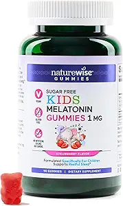 NatureWise Kids Melatonin 1 mg Sugar-Free Gummies for Children Ages 4 & Up - Non-Habit Form Sleep Aid - Strawberry Flavored - Vegan, No Gluten, Non-GMO - 90 Count[3-Month Supply]