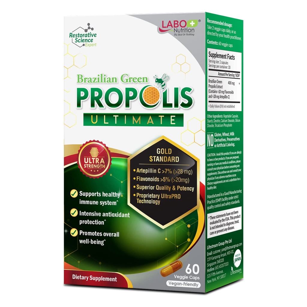 LABO Beslenme Brezilyalı Yeşil Propolis Ultimate - Contains >7% veya 28 mg for Service Artepillin C & >5% Flavonoids, Immune & Brain Support, Natural, High Temp & Premium, 60 Veg Capsules