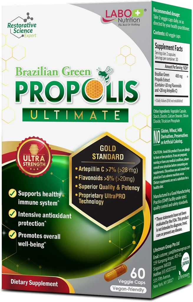 LABO Nutrition Brazilian Green Propolis Ultimate - Περιέχει >7% ή 28mg ανά Σερβίρισμα Artepillin C & >5% Flavonoids, για την υποστήριξη του ανοσοποιητικού και του εγκεφάλου, φυσικό, υψηλό πυκνό & Premium, 60 Veg κάψουλες