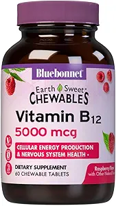 BlueBonnet Nutrition Earth Sweet Vitamin B12 5000 mcg Chewable Tablets, Χωρίς σόγια, Χωρίς γλουτένη, Kosher Certified, Dairy-Free, Vegan, Raspberry Flavored, 60 Chewable Tablets, 60 Servings