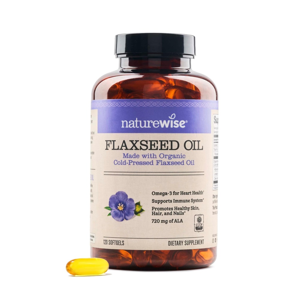 NatureWise Flaxseed Oil 1200 mg, Fish Free Omega 3 6 9 with 720 mg ALA, Diyeter Supplement for Heart Health Support - Organik, Cold Pressed, Non-GMO - 120 Softgels[4-Month Supply]