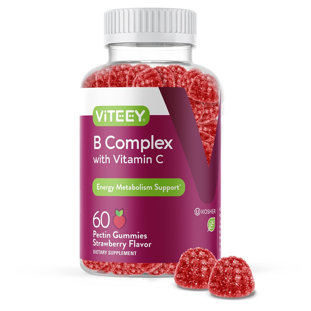 Vitamin C ile B Kompleks Gummies - Enerji, Metabolism & Immune Desteği - B6, B12, Niacin, Folic Asit, Biotin, Kalsiyum - Vegan, Gluten-Free - 60 Count