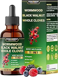 10in1 Wormwood Tincture - Black Walnut, Whole Cloves, Reishi Mushroom & 4 More - Wormwood Liquid Drops - 1 FL OZ for 2 Ay Supply - Berry Mix Flavor