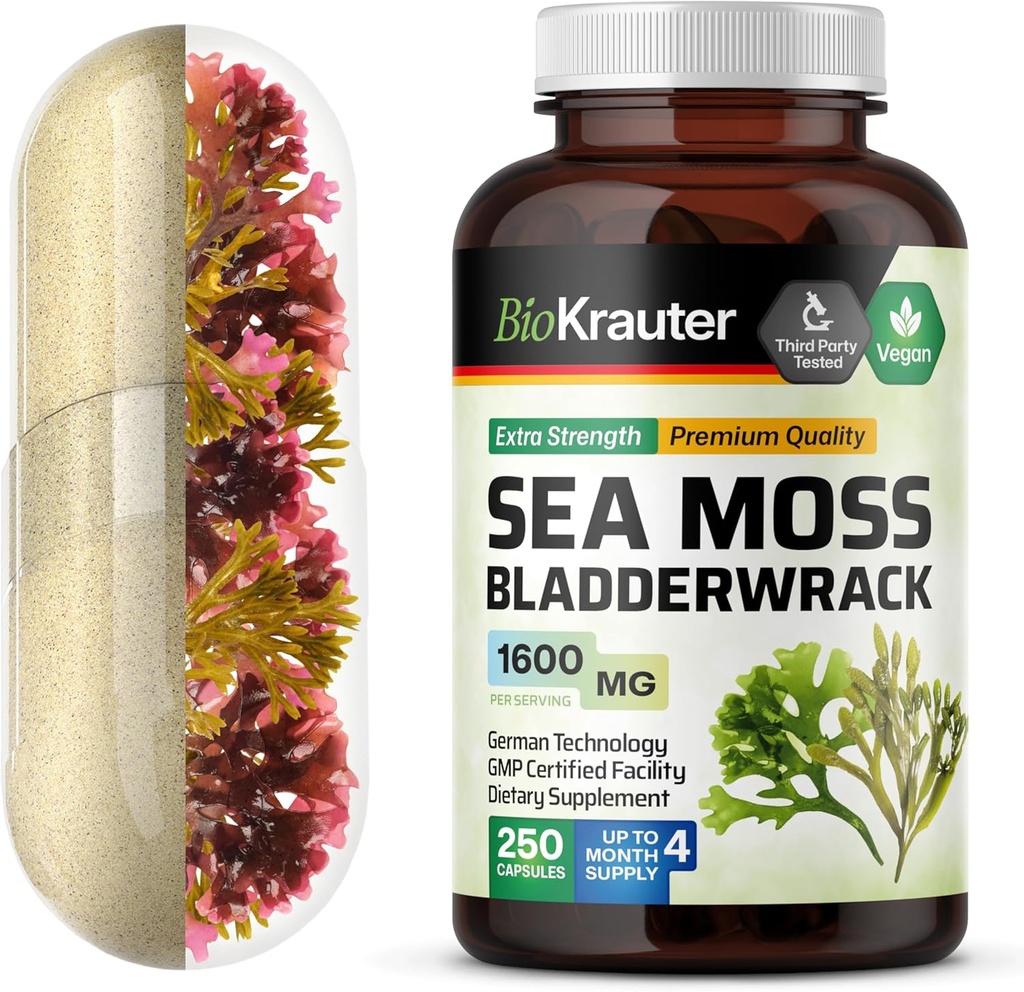 BIO KRAUTER İrlandalı Deniz Moss Capsules 1600 mg - 250 Kont - Vegan Bladderwrack with Chondrus Crispus Sea Moss Supplement