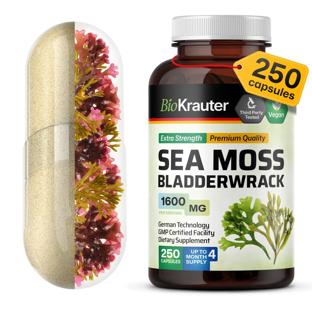 BIO KRAUTER Irish Sea Moss Κάψουλες 1600 mg - 250 Count - Vegan Bladderwrack με Chondrus Crispus Sea Moss Συμπλήρωμα