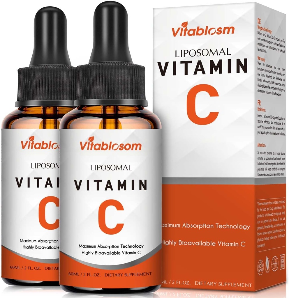 Yetişkinler için Liposomal Vitamin C 2000 mg Sıvı, Yüksek Abvitamin VIT C, Max Vitamin C, Immune System & Antioksi Support, 60ML (2 Şişe)