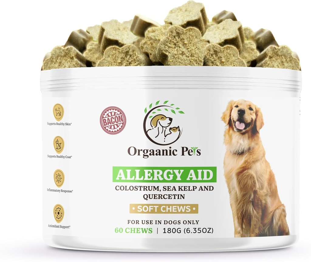 Herbal Dog Alerjisi - Colostrum - QUERCETIN - Mushrooms - Omega + 11 Doğal Alerji Herbs - Cilt ve Mevsimlik Tüm Enerjiler için Yumuşak Chews