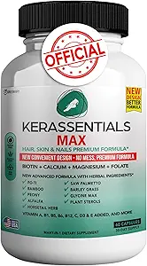 Kerassentials Max - Saç, Skin & Nails Support Supplement | Biotin, Kalsiyum, Magnezyum, Folate & Herbal Mix | Premium Formula | 60 Capsules, Vegan & Gluten-Free Free