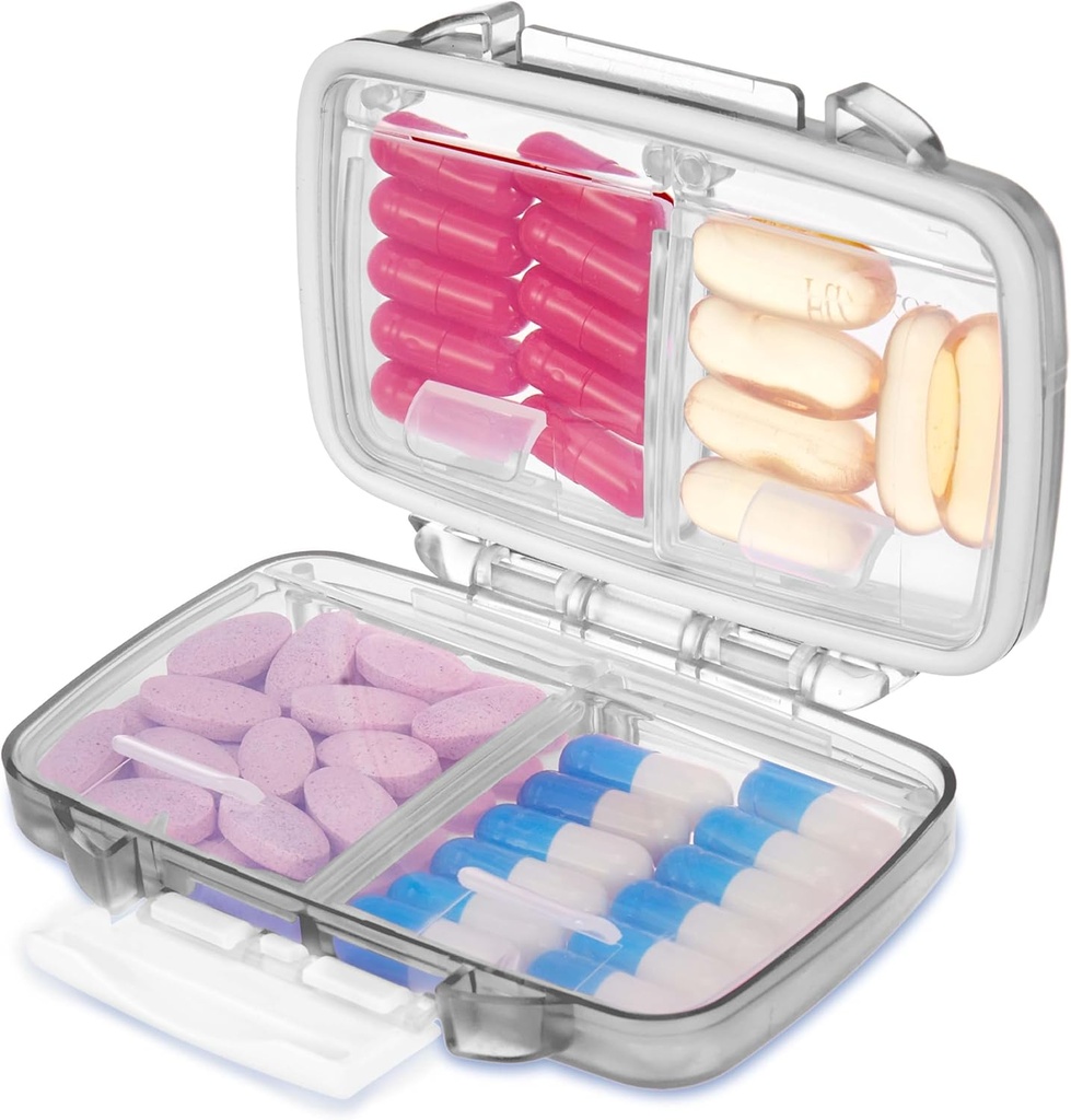 Fullicon Travel Pill Organizer, 4 Karşılaştırmalar Portre Pill Case, Moisture Kanıt Küçük Pill Box with Etiketler, Travel Pill Case with Double Lock, Pocket Eczanesi for Vitamin D3 & Fish Oil (Grey)