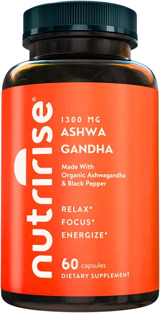 NutriRise Organic Ashwagandha Root Capsules with Black Pepper, 1300 mg, Natural Stress & Mood, Thyroid & Immune Support Supplement, Clarity, Focus & Energy, Gluten Free, 60 Count