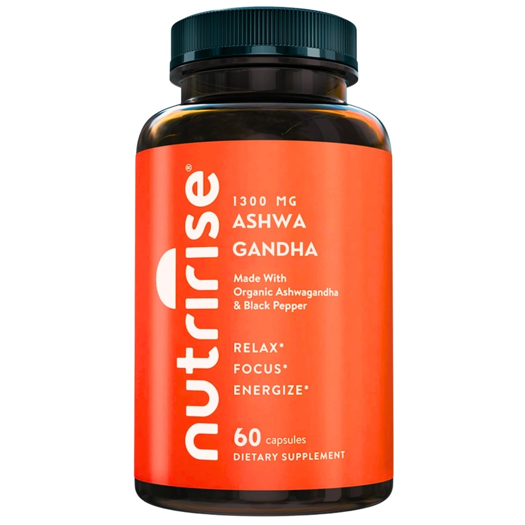NutriRise Organic Ashwagandha Root Capsules with Black Pepper, 1300 mg, Natural Stress & Mood, Thyroid & Immune Support Supplement, Clarity, Focus & Energy, Gluten Free, 60 Count