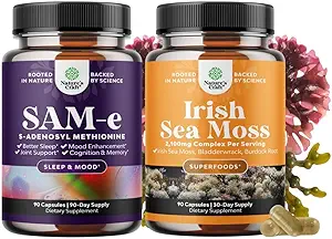 Δέσμη καθαρού SAM-E Nootropic Brain Supplement και Βιολογικές Κάψουλες Ιρλανδικού Θαλάσσιου Μος -Συμπλήρωμα Υποστήριξης και Διατάραξης - Κάψουλες Sea Moss και Bladderwrack με Burdock Root Superfood Blend