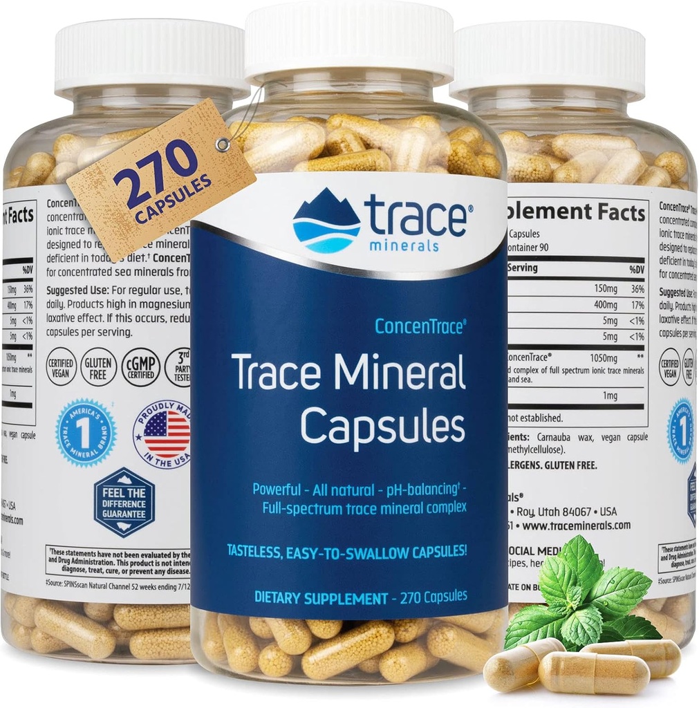 Trace Minerals Low-Sodium ConcenTrace Capsules - Bone Health & Body Energy - Sağlıklı Hydration & Electrolyte Support Supplement - 270 Capsules (90 Hizmetler)