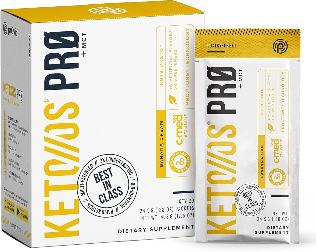 Pruvit Keto//OS Pro Banana Cream + MCT Ketones - Keto//OS Pro συμπλήρωμα για την ενεργειακή ενίσχυση, καλύτερη πέψη και βοηθά στην καταπολέμηση της γήρανσης διαδικασία - 20 πακέτα