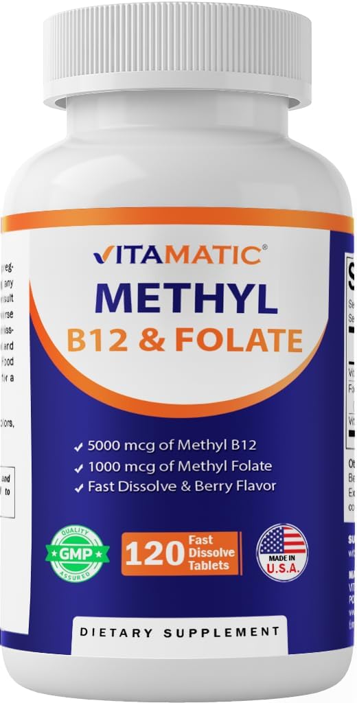 Vitamatic Metil Folate & B12 Supplement with Pyridoxal 5 Phosphate (P-5-P) - Cardiovascular Health & Energy Metabolism - 120 Hızlı Dissolve Tabletleri - GMO & Gluten Ücretsiz