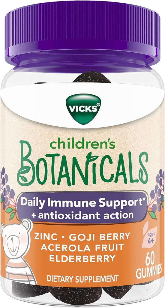 Vicks Children's Botanicals Daily Immune Support* + Antioxidant Action, Gummies, Made with Zinc, Goji Berry, Acerola Fruit, and Elderberry, 60 ct