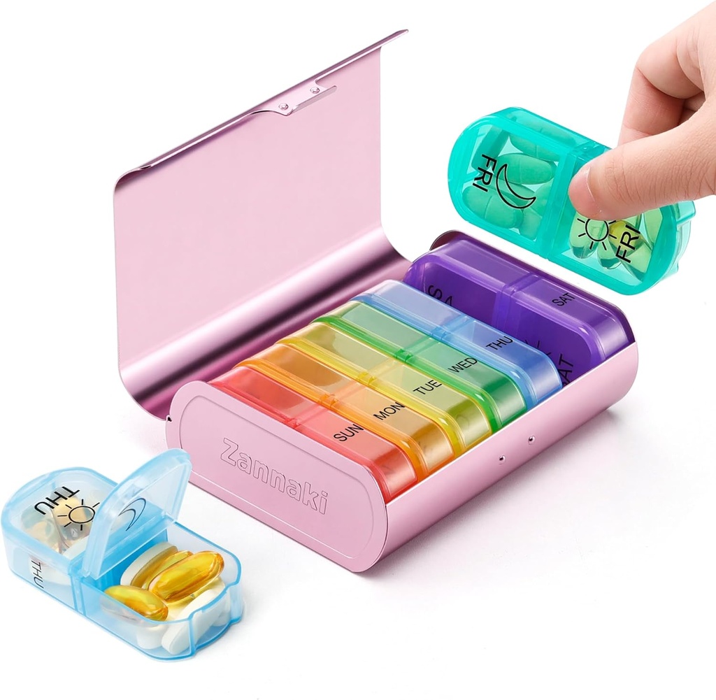 Zannaki Metal XL Haftalık Pill Organizer 2 Zaman Bir Gün, Büyük Seyahat Günlük Pill Box 7 Gün, Portatif Hafta İki Pill Sahibi Konteyner, AM PM Pill Case for Medicine Vitamin Drug Supplement, Pink Pill Case for Medicine Vitamin Drug Supplement, Pink