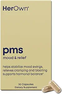 her own PMS, Supports PMS Symptoms, Promotes Positive Mood, Natural Hormone Balance, Helps Relieve Cramping, Hot Flashes Menopause Relief, Gluten and Soy Free, Vegan, 30 Capsules, 30 Servings