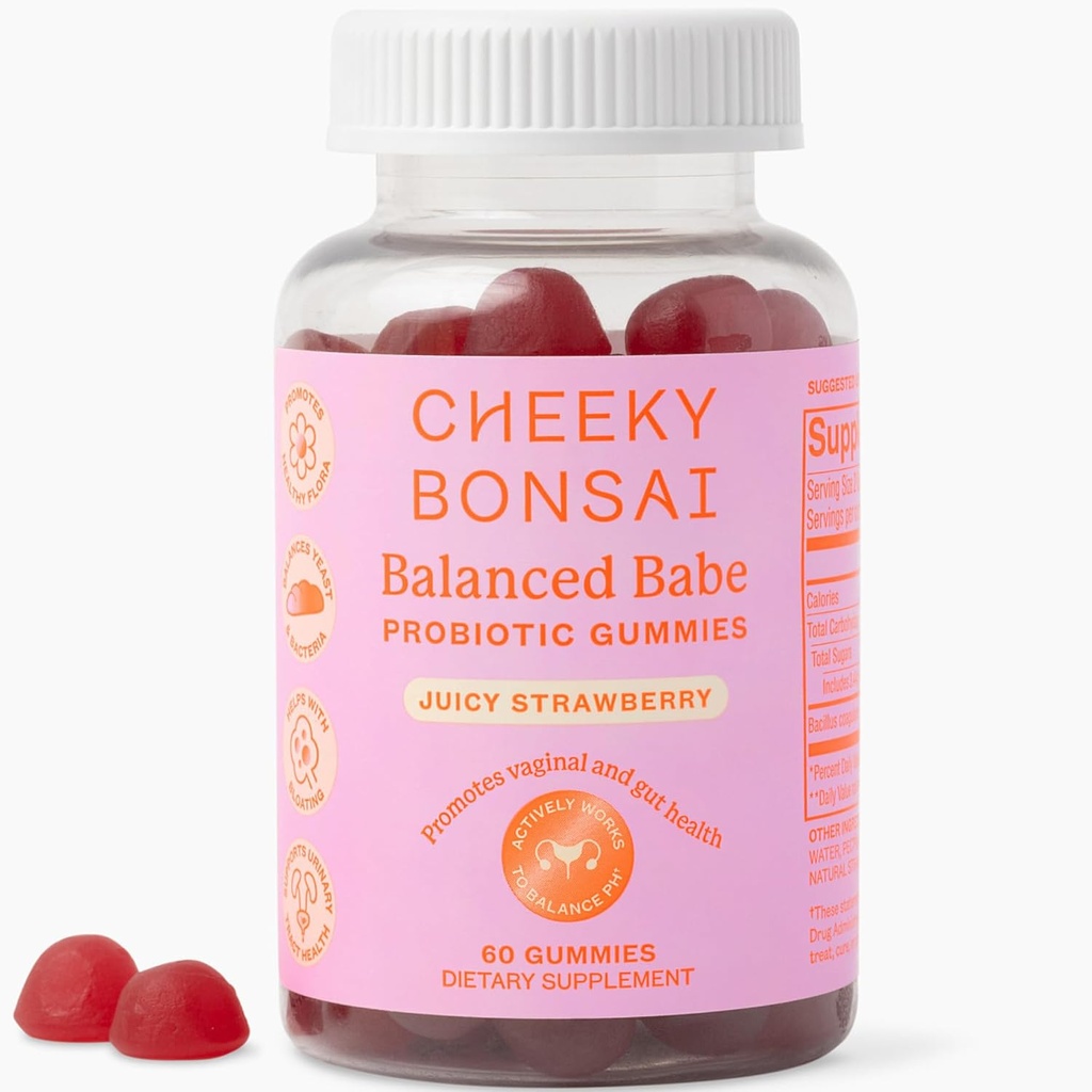 Cheeky Bonsai, Kadınlar için Vaginal Probiyotik Gummies - Dengeli pH, Sağlıklı Odor ve Flora Desteği - 5 Milyar CFUs - Juicy Strawberry Flavor, 60 Count