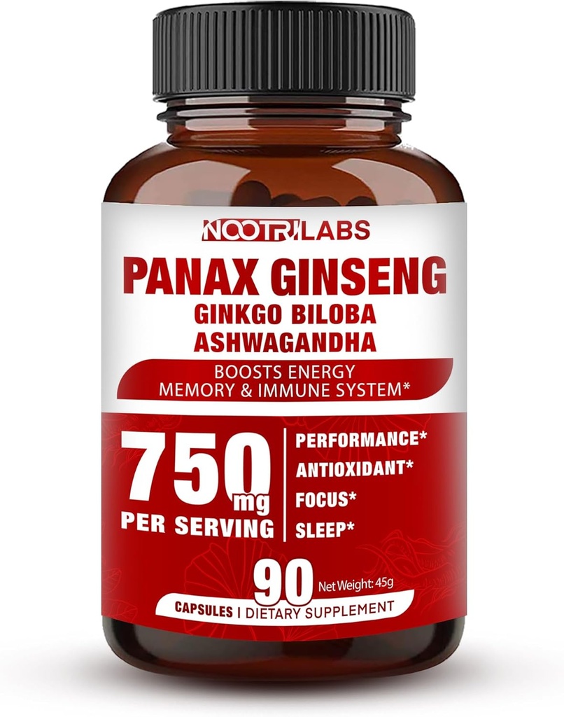 Korean Red Panax Ginseng 750mg Highest Potency with Ginkgo Biloba and Ashwagandha, Boost Energy, Memory, and Immune System - Focus Supplement Pills for Men and Women, 90 Vegan Capsules