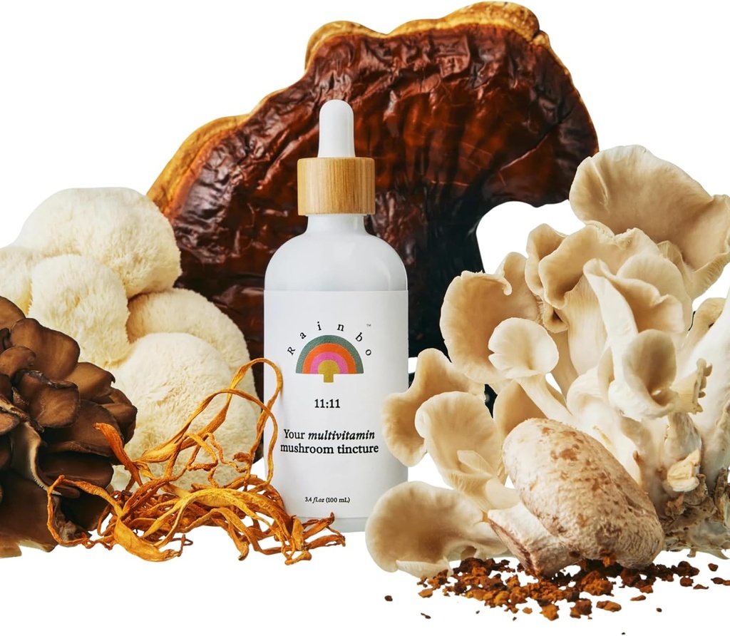 Rainbo - 11:11 Multi Mushroom Tincture - 11-σε-1 Διπλό εκχύλισμα Mushroom Blend - Πλήρης Ανοσολογική Υποστήριξη, Εγκεφαλική Υποστήριξη, Liquid Lion's Mane & Turkey Tail, Vegan, Non GMO, 3.4 fl oz