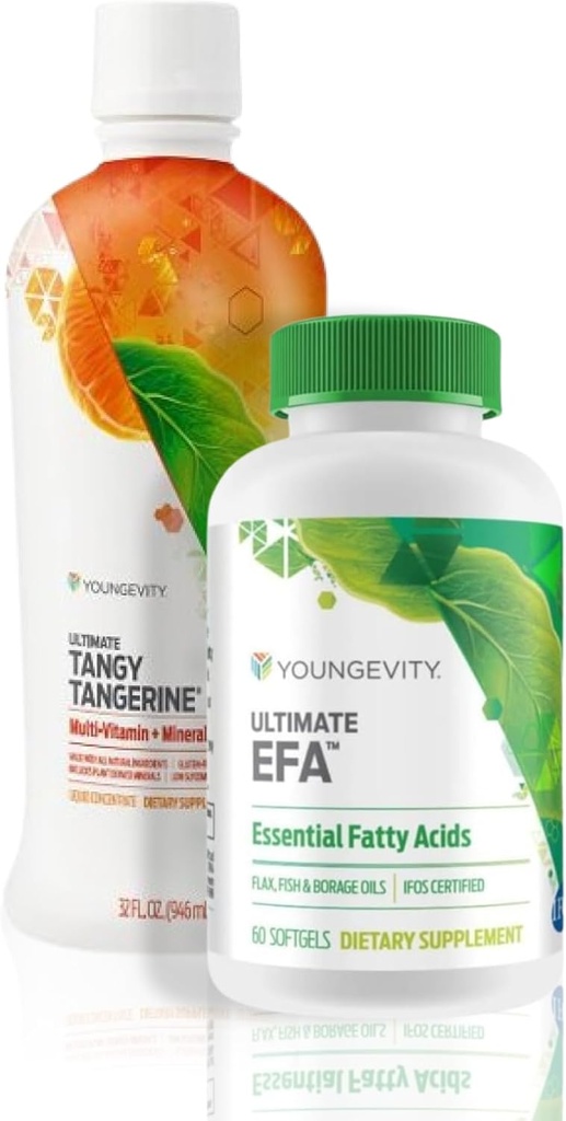 Youngevity Essential 90 Pak - Ultimate All-in-One Multivitamin Combo - Ultimate Tangy Tangerine + Ultimate EFA - 90 Temel Vitaminler, Mineraller, Amino asitler, Fatty Acids (30 hizmet)