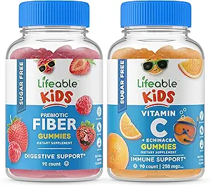 Ζωηρό χωρίς ζάχαρη Preciotic Fiber Kids + Vitamin C Kids, Gummies Bundle - Μεγάλη γεύση, συμπλήρωμα βιταμίνης, Χωρίς γλουτένη, GMO Δωρεάν, Μασώμενο Gummy