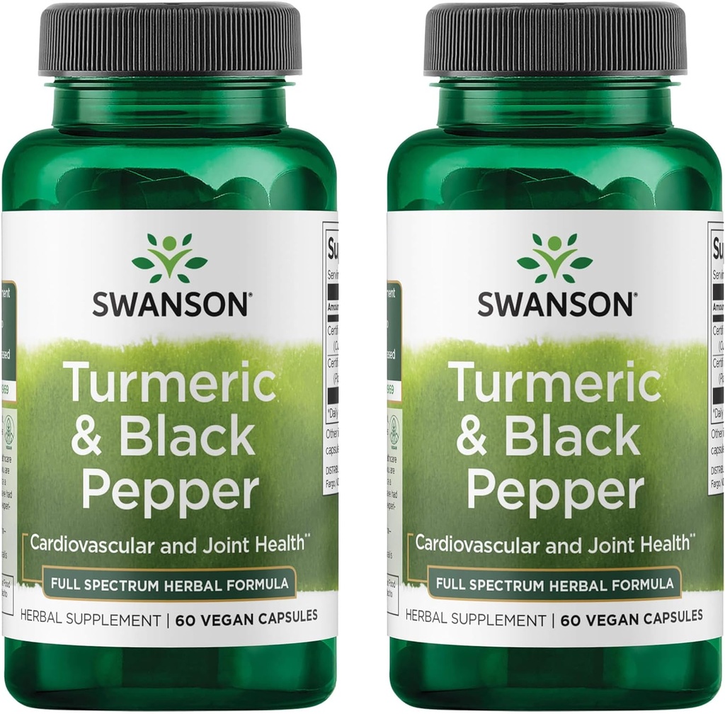 Swanson Turmeric & Black Pepper - Organik Ortak Sağlık, Kalp Sağlığı, Digestion, & Liver Support Supplement - Gelişen Bioavailability & Abors - (60 Veggie Capsules) 2 Pack