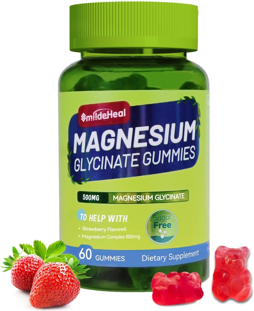 Γλυκινικό μαγνήσιο Gummys 500mg με L-Θρεονικό 300mg - Συμπλήρωμα χωρίς ζάχαρη Μαγνήσιο Κάλιο με βιταμίνη D, B6, CoQ10 - Φράουλα Γεύση - 60 Gummies