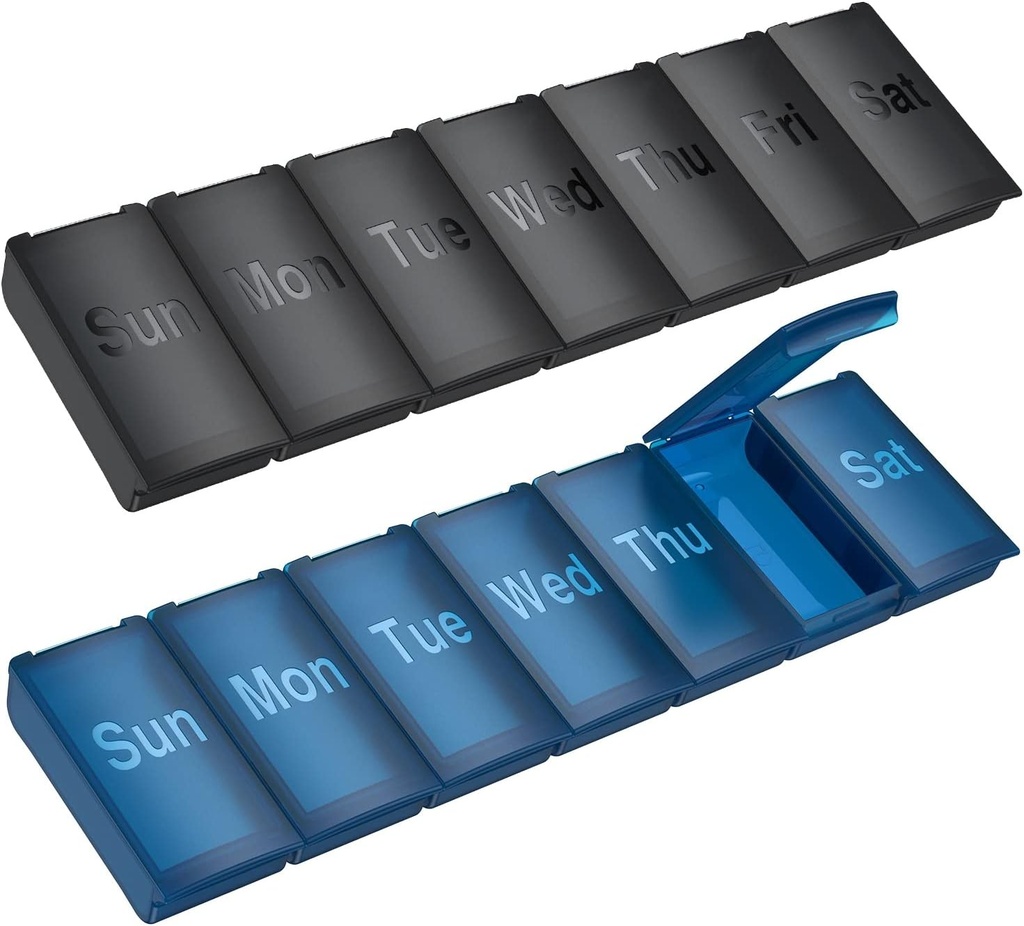 2 Pack Weekly Pill Organizer, Büyük Günlük Vitamin Pill Box,Portable Travel Friendly 7 Day Pill konteynerleri Tıp Sahibi,Handbag Açık Küçük Pill Case for Supplements Fish Oil (Black+Mavi)