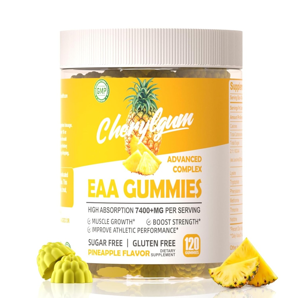 EAA Gummies 120 Pineapple Gummies, 7400 mg Essential Amino Acids - Όλα τα 9 Essential Aminos (EAA) και όλα τα Branched-Chain Aminos (BCAAs), μη-GMO, Χωρίς γλουτένη, Φιλικά χορτοφάγων.