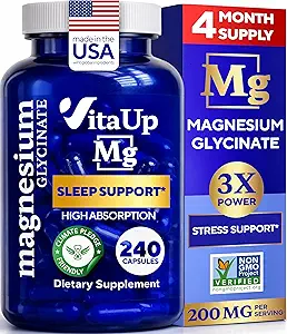 Magnezyum Glycinate 200 mg - ABD Uyku, Kalp, Kemikler, Metabolism Desteği - Yüksek Abhidrasyon Magnezyum Bisglycinate Capsules - 240 Vegan Chelated Capsules