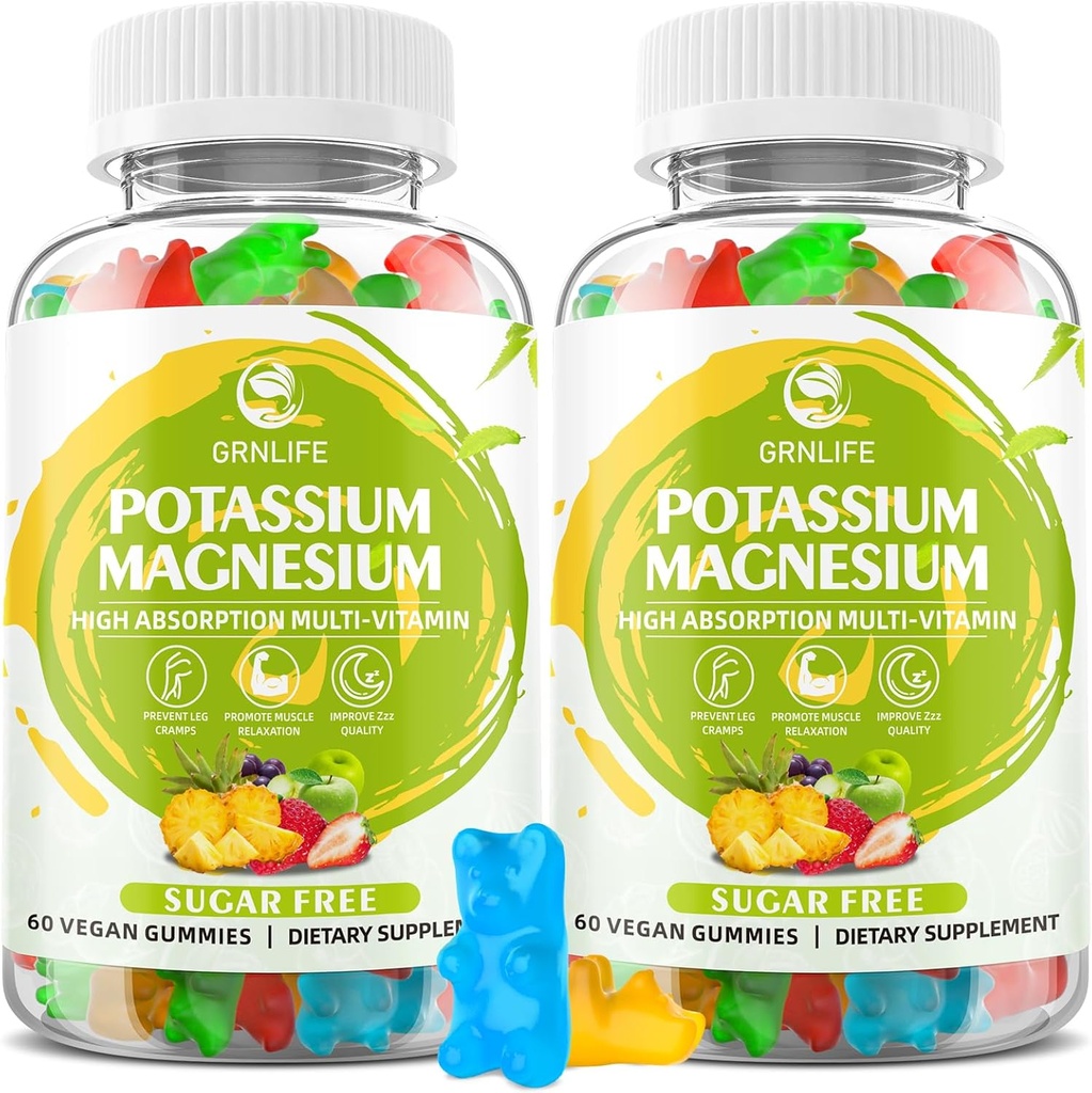 Yetişkinler Çocuklar için Potasyum Gummies, High Abors Magnezyum Glycinate for Leg Cramps & Immune Health, Sugar-Free, Vegan Karma Flavors, 120 Kont