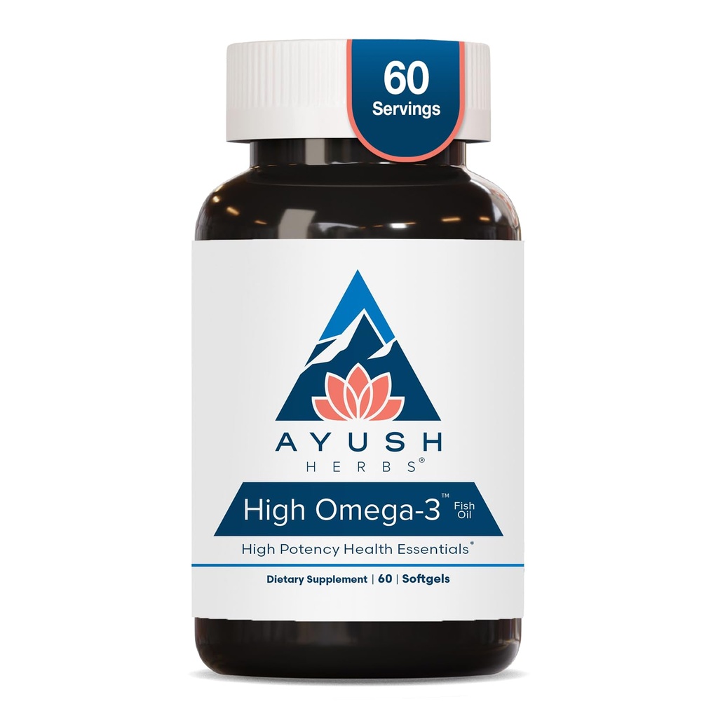 Ayush Herbs High Omega 3 - Omega 3 Fish Oil, 1000 mg Per Capsule, EPA & DHA Fish Oil Supplement for Women & Men, Natural Lemon Flavor - 60 Softgel Capsules (1 Count)