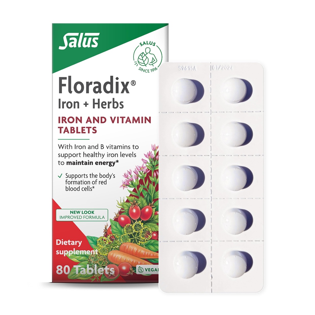 Floradix Demir Tabletleri - B Vitaminleri ile Demir Supplement, Folic Asit, C & More - Enerji Desteği - Vejetaryen & Gluten-Free - 80 Tablet (80 Hizmet)