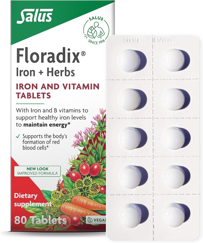 Floradix Demir Tabletleri - B Vitaminleri ile Demir Supplement, Folic Asit, C & More - Enerji Desteği - Vejetaryen & Gluten-Free - 80 Tablet (80 Hizmet)