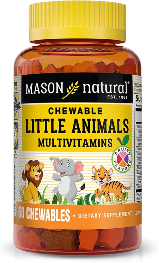 MASON NATURAL Chewable Little Animals Multivitamins for Kids - Children's Daily Multivitamin with Vitamin A, C, D, B1, B2, B3, B6, B12, and Folate - 60 Animal Shaped Chewable Tablets