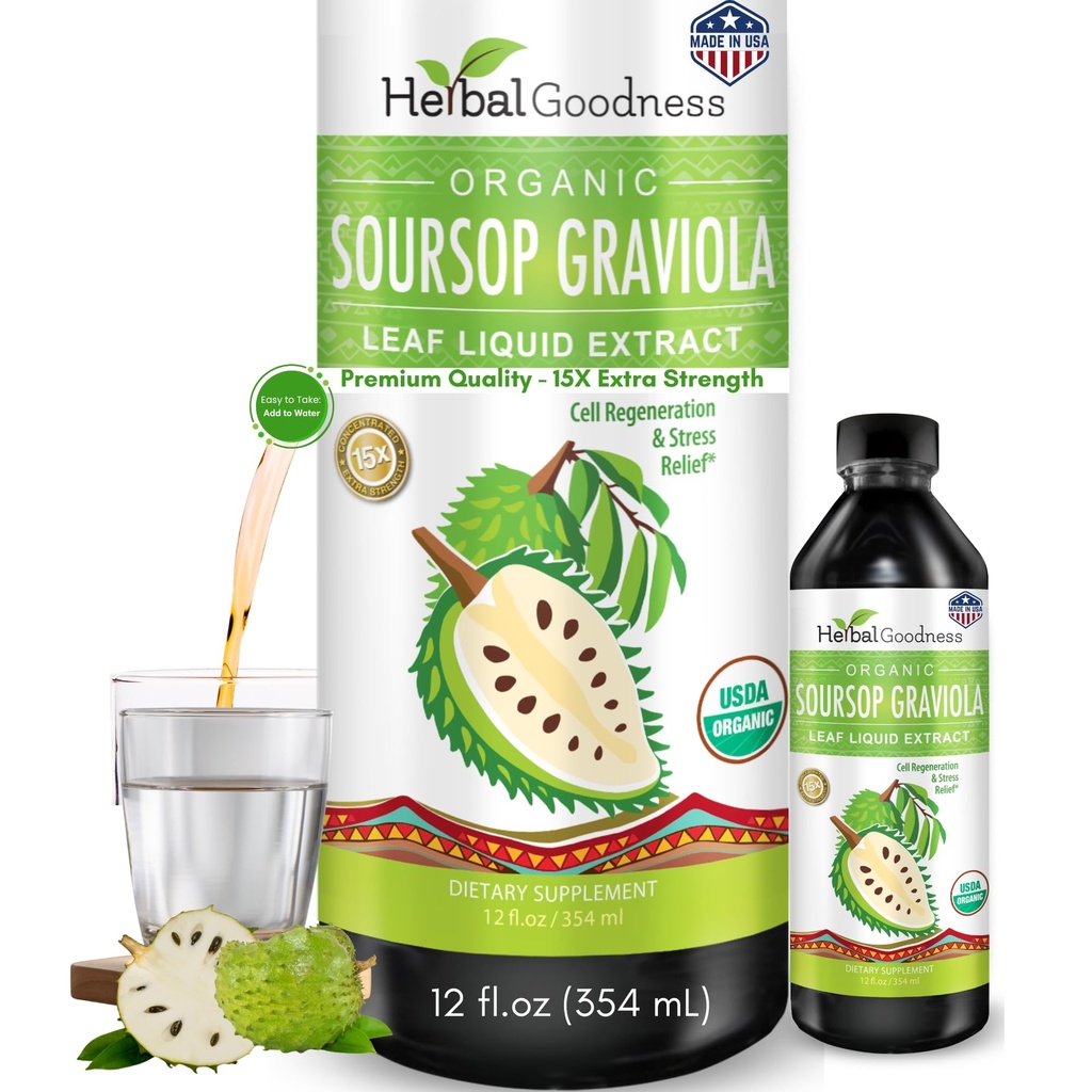 Βότανο Καλής Κατάστασης Soursop Graviola Liquid Drops 12 Fl Oz - 15X Δύναμη Βιολογικό Guanábana Soursop Leaves Extract for Gut Health, Cell & Immune Support Serene Soursop Drops - Vegan, Non-GMO, Made in USA